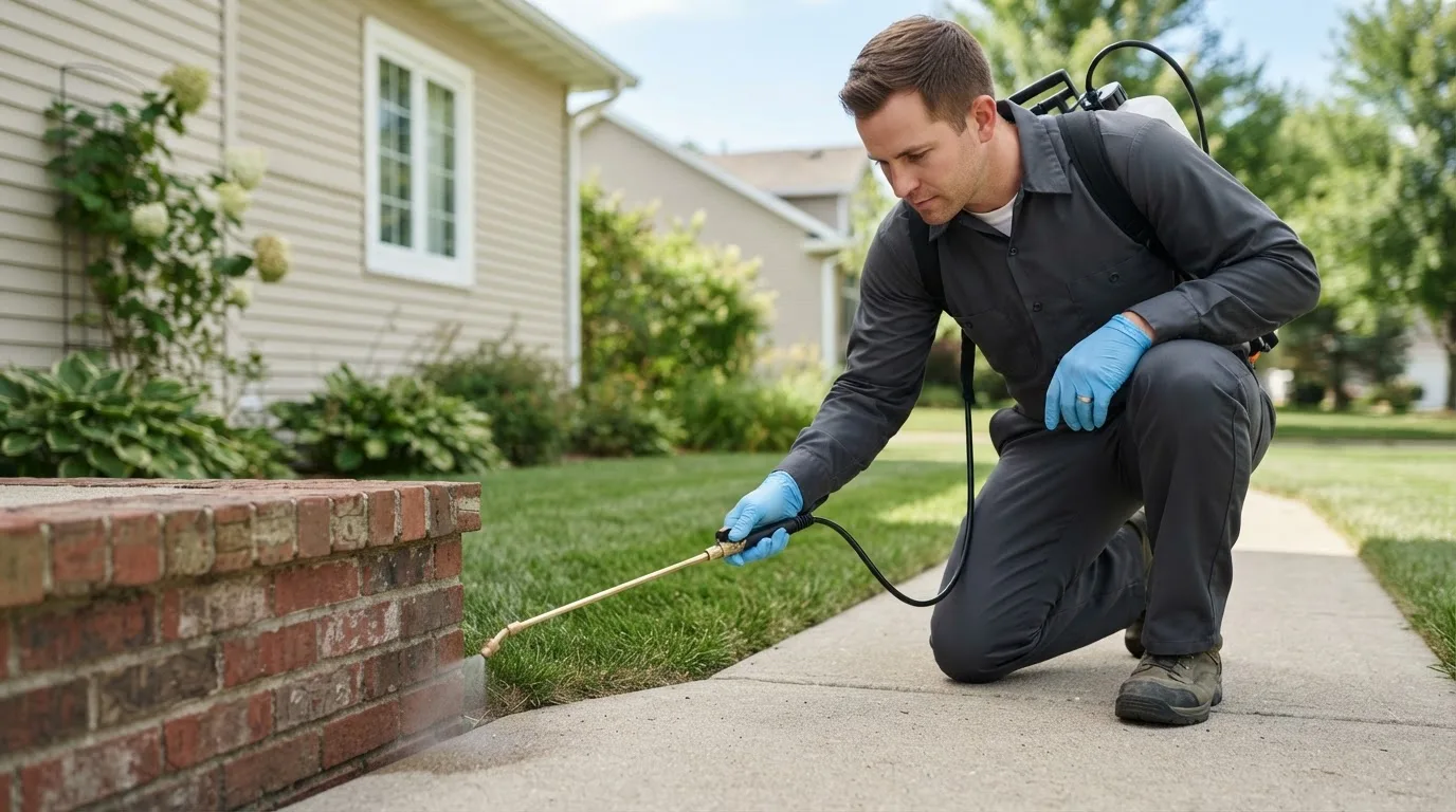 Pest control technician treating a home near Redbird, OK