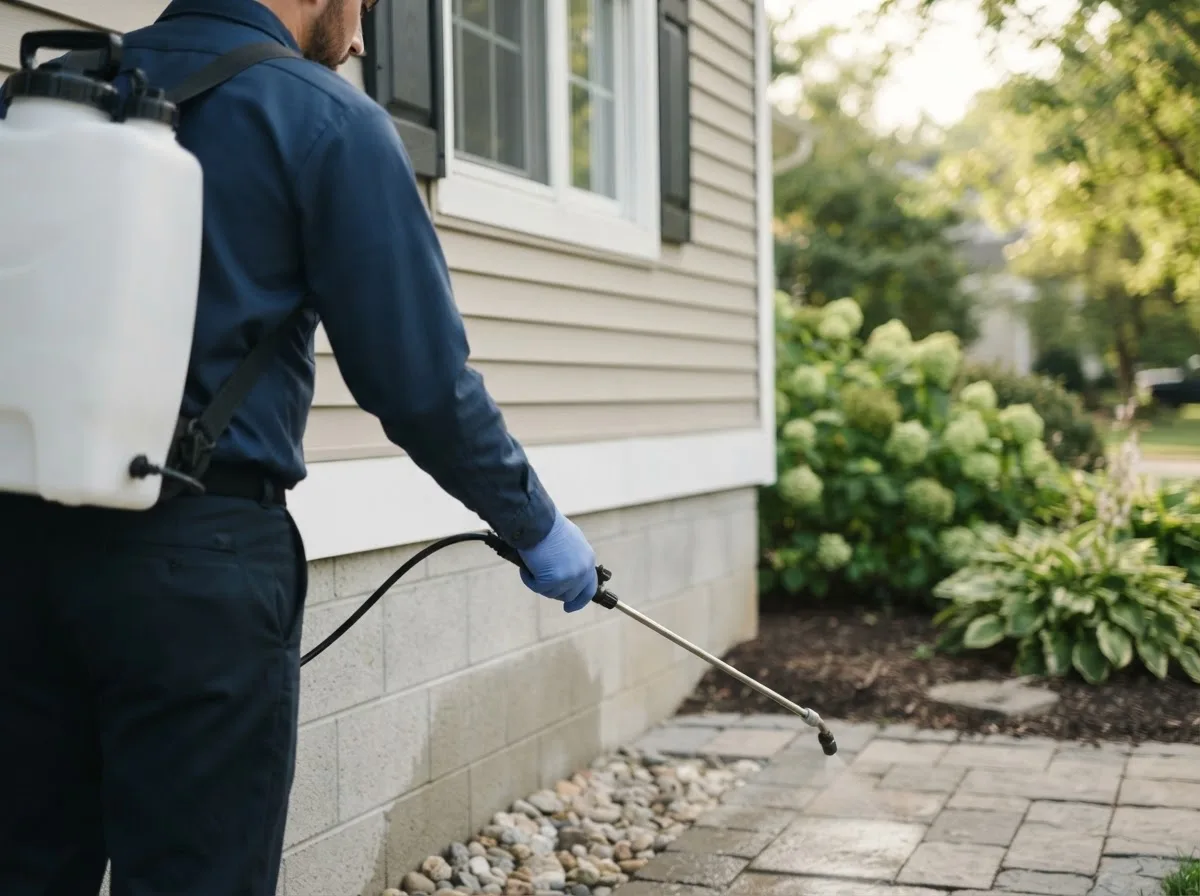 Pest control technician inspecting a home in Redbird, OK